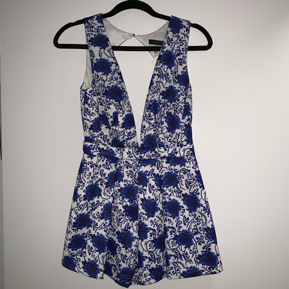 NWT Blue & White Floral Backless Romper